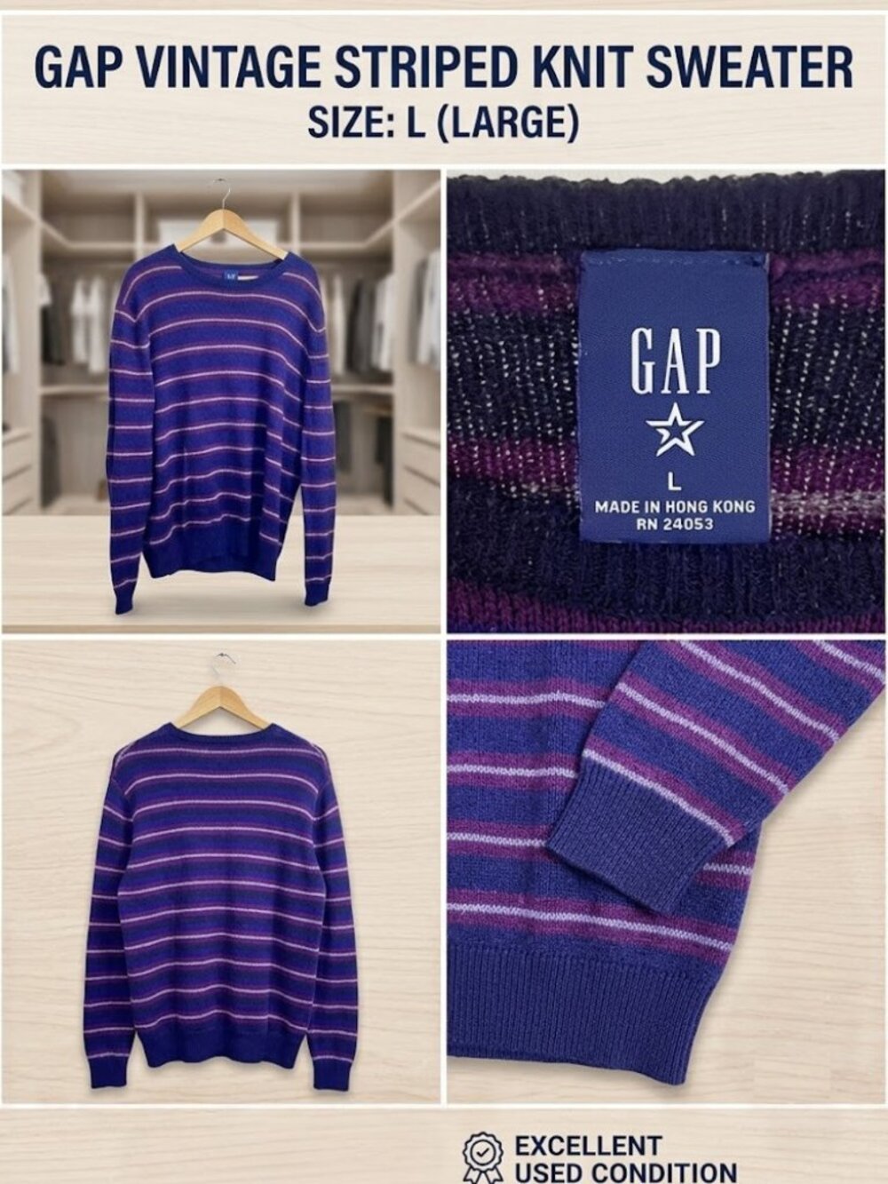 GAP VINTAGE STRIPED KNIT SWEATER SIZE: L (LARGE)